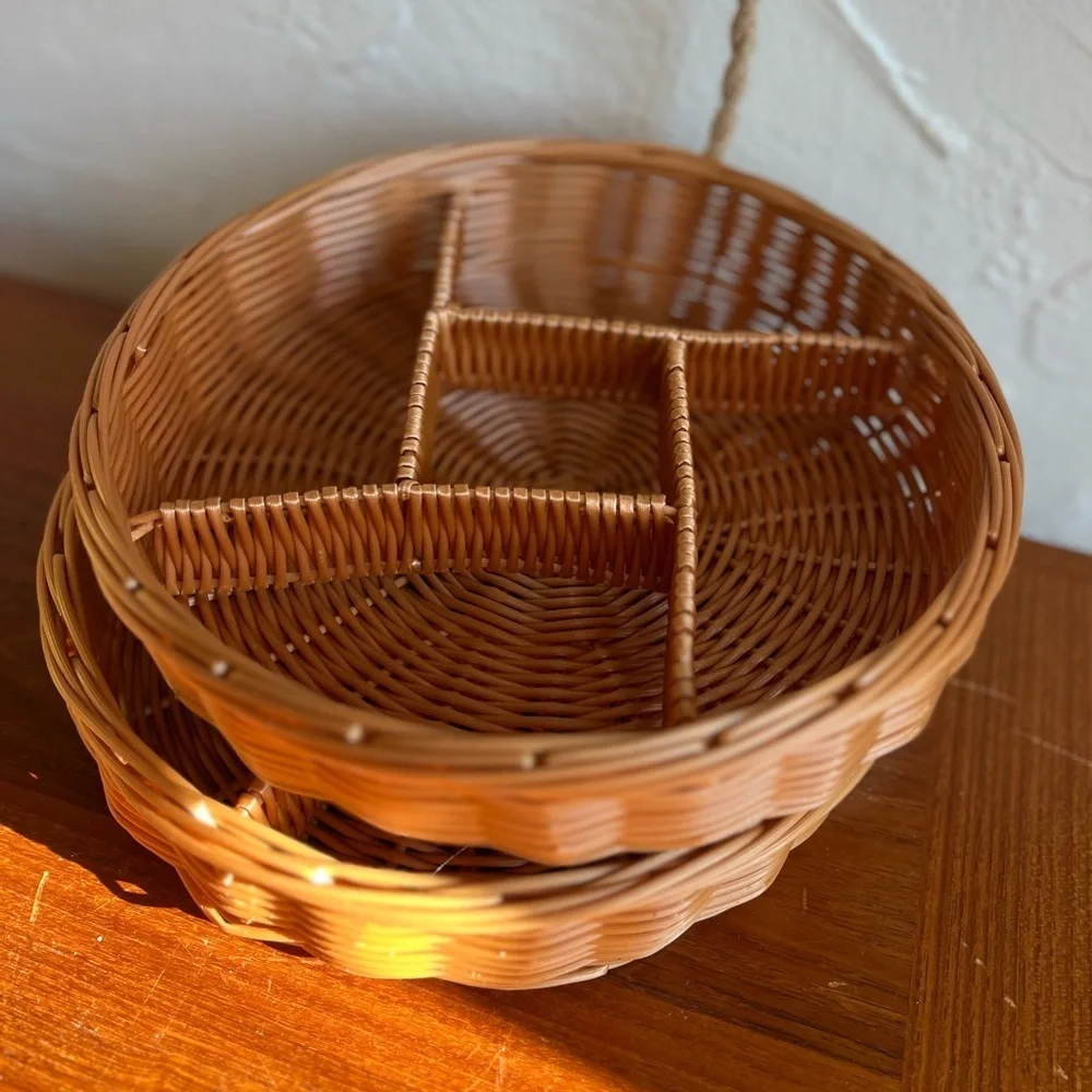Vintage Wicker Divided Snack Baskets – Boho Farmhouse Kitchen – Round (Set of 2)